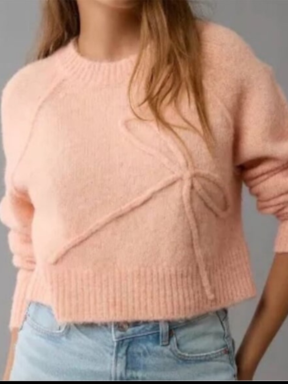 American Eagle Pink Bow Crew Neck Sweater Size Small